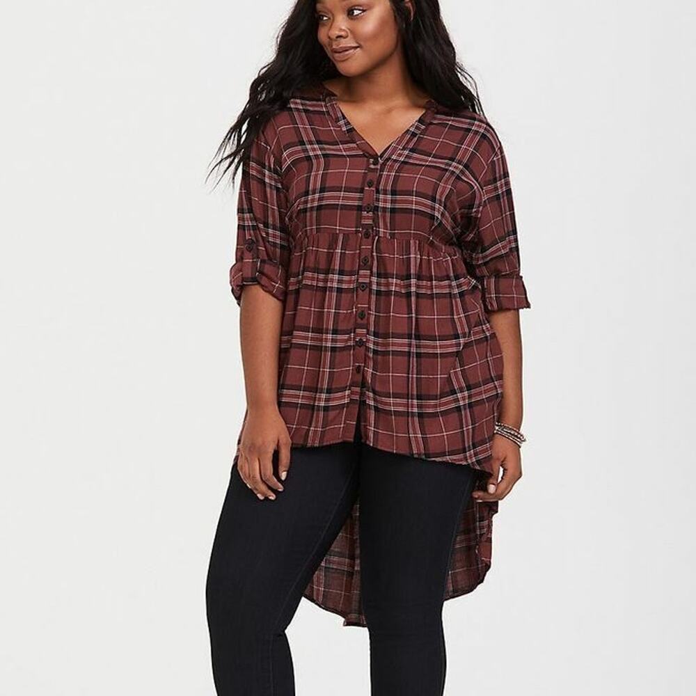 Torrid Womens Plaid Lexie Twill Tunic Plus Size 3X Stretch Waist Chocolate Brown